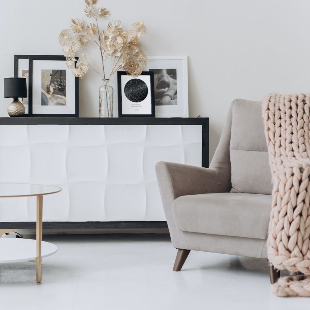 A picture showing our custom star map on display in a home environment.