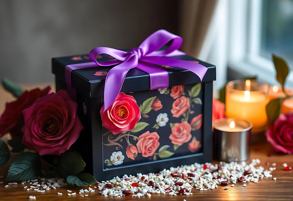 A black Wedding Anniversary Gift box with a pink rose and a candle in it